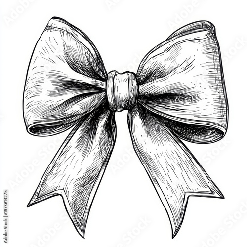 Detailed monochrome line drawing of a classic ribbon bow, featuring hand-drawn texture and shading against a simple white background