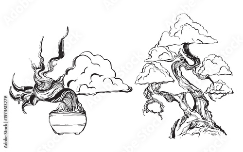 Hand-drawn bonsai trees with sculpted branches illustration