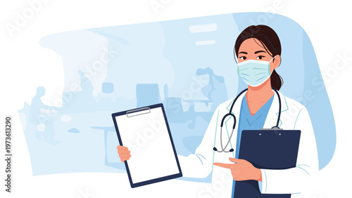 Female doctor wearing a medical mask and white lab coat holding a blank clipboard and pointing to it for information.