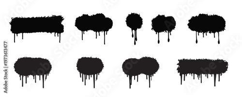 Black grunge dripping paint set. Ink splash blobs and graffiti drip shapes.