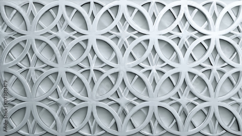 White geometric pattern with 3D overlapping circles, elegant architectural wall texture, decorative abstract relief background for interior design