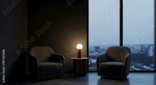 Wallpaper Mural Cozy Armchairs by Window with City View Lamp Side Table Torontodigital.ca