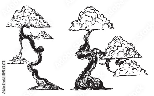 Hand-drawn bonsai trees with sculpted branches illustration