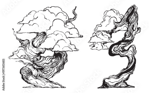 Hand-drawn bonsai trees with sculpted branches illustration