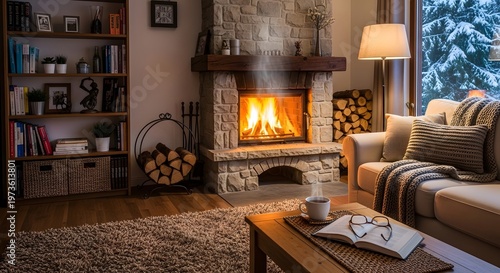 Wallpaper Mural Cozy Living Room with Burning Fireplace and Snow View Torontodigital.ca