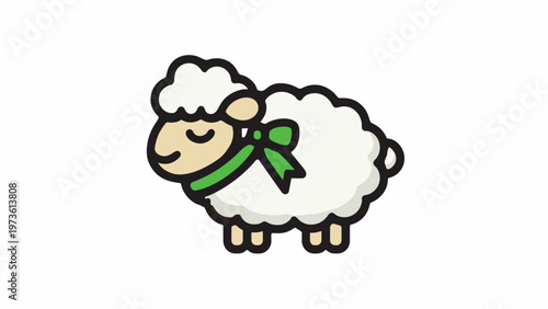 Cute cartoon sheep vector illustration, fluffy white lamb with green ribbon bow, adorable farm animal character for nursery decor and children design