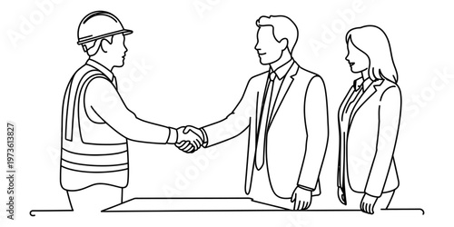 A construction worker in a safety vest shakes hands with a business person in a formal suit office Vector, illustration