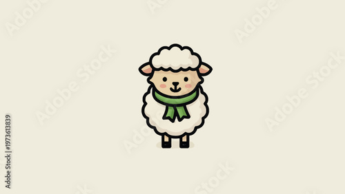 Cute cartoon sheep vector illustration, fluffy white lamb character wearing a green scarf, adorable farm animal mascot for nursery and kids design
