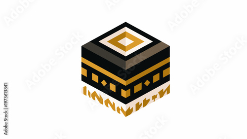 Isometric Kaaba vector illustration, black and gold holy Kaaba building icon, religious Islamic pilgrimage symbol for Hajj and Umrah design