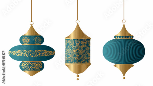 Islamic gold and teal hanging lanterns, set of 3 traditional Arabic lamps with intricate patterns, elegant Ramadan and Eid decorative vector elements