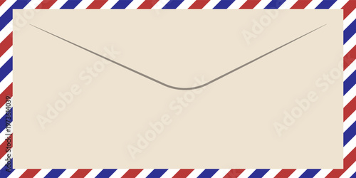Airmail Envelope frame images with strips. International vintage letter border. Retro air mail postcard with blue and red stripes. Empty classic postal frame.