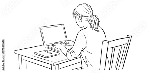 A black and white line drawing of a woman sitting at a desk and working on her laptop computer Vector, illustration