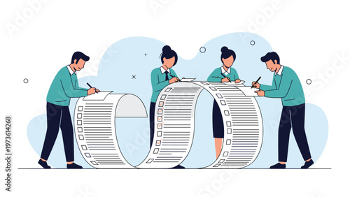 Group of business professionals working together to check items on a very long list of tasks and requirements today.