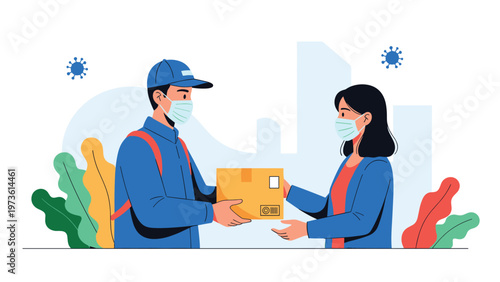 Delivery courier wearing a protective mask handing a cardboard box to a woman customer in a safe city environment.