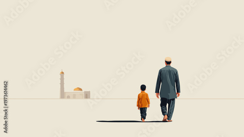 Minimalist Muslim father and son walking to mosque, Islamic family spiritual journey vector, religious fatherhood and faith concept illustration