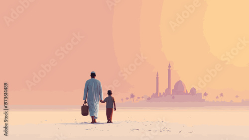 Islamic father and son walking toward mosque, Muslim family silhouette in desert landscape, spiritual journey vector illustration at sunset