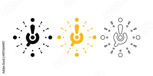 Three Exclamation Mark Icons with Radiating Dots: Black, Yellow, Outline