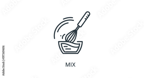 a simple line art icon illustrating a whisk mixing ingredients in a bowl perfect for cooking or baking related designs