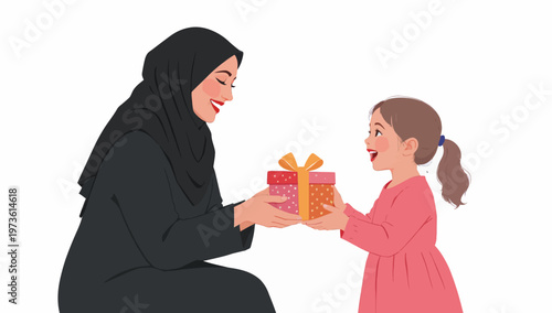 Eid Muslim mother in black hijab giving gift to daughter, happy middle eastern family celebration, arab woman and child with present vector illustration