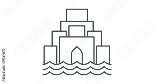 submerged ancient temple icon line art depicting a mystical city partially underwater ideal for historical or fantasy designs