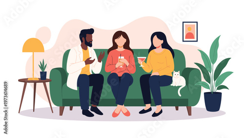 Group of diverse friends relaxing on a comfortable green sofa at home with drinks and a white cat while talking.