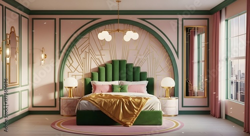 Wallpaper Mural Luxury Art Deco Bedroom with Green Headboard and Pink Accents Torontodigital.ca