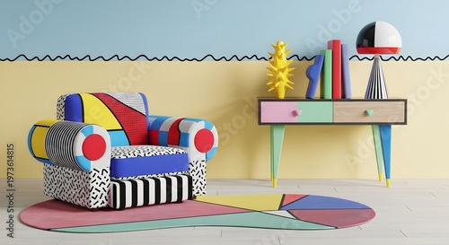 Memphis Style Living Room Set with Graphic Patterns