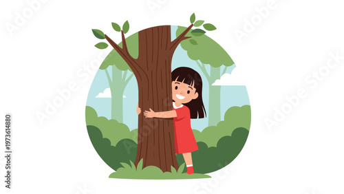 Happy young girl hugging a large tree in a forest to express her love for nature and environmental conservation.