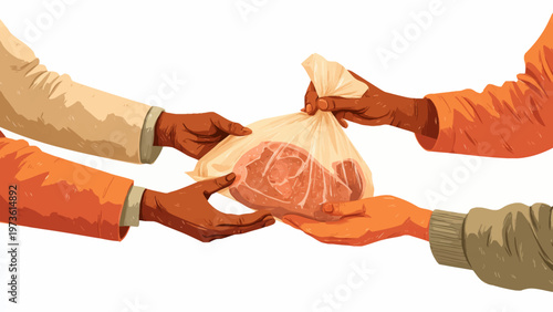 Flat vector illustration of hands sharing food, diverse community members holding a bag of meat, charity and food donation concept