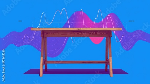 A wooden desk stands on a purple mat against a blue background with colorful abstract waves and data lines floating above it, abstract daily work overlay