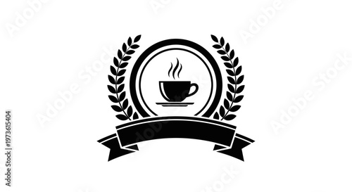 Elegant black and white coffee cup logo in laurel wreath with ribbon isolated white background.