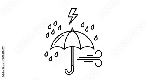 Outline umbrella icon with falling rain, lightning, and wind depicting bad weather isolated white background.