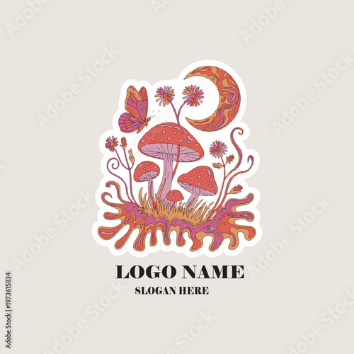 Retro psychedelic mushroom sticker logo icon vector