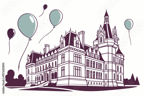 Elegant Chateau with Festive Balloons Illustration.