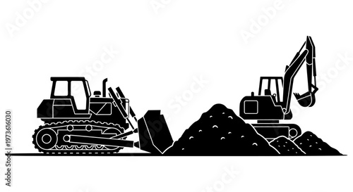 heavy equipment bulldozer and excavator earthmoving and digging soil on a construction site silhouette illustration for industrial projects.
