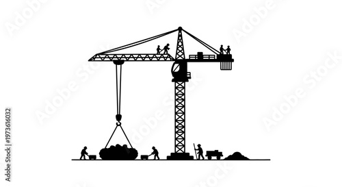 silhouette construction workers and a tower crane operating on a construction site performing heavy lifting for building construction.