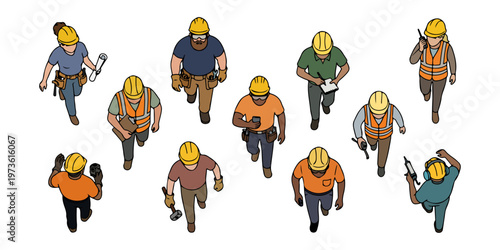 Construction Workers and Engineers Set in Isometric View, Group of Builders, Architects and Contractors in Safety Vests and Hard Hats for Architectural Visualization and Infographics