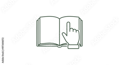 an open book with a pointing hand cursor suggesting digital reading or online instructions for educational content and user manuals
