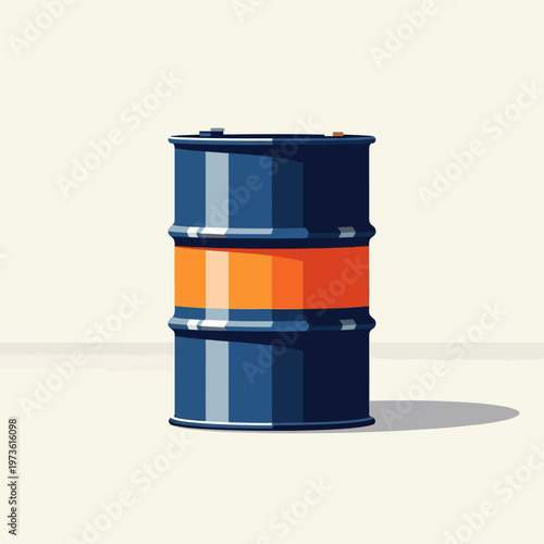 blue industrial barrel oil drum flat design illustration isolated on a light background representing energy raw materials and industrial storage.