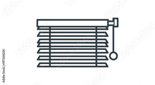 simple line art icon of window blinds depicting adjustable horizontal slats and a pull cord ideal for home decor and privacy.