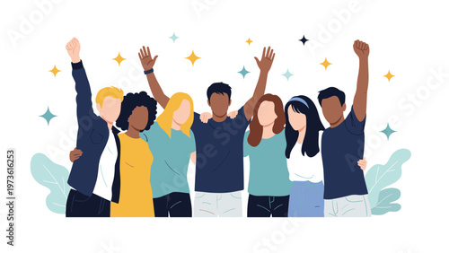 Large group of diverse people hugging each other with raised hands to celebrate their community and friendship.