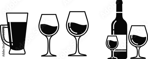 Wine and beer glass silhouette collection with bottle and drinkware, bar beverage elements in clean black vector illustration set