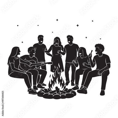 Friends gathering around campfire together under night sky vector silhouette
