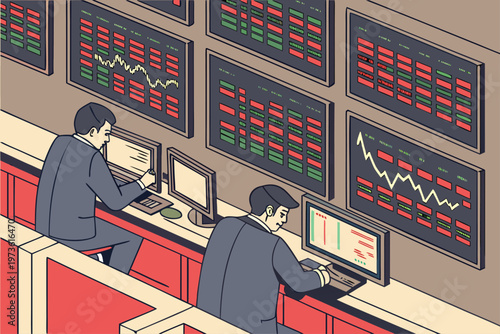Stock Market Traders Analyzing Financial Data in a Dynamic Trading Room.