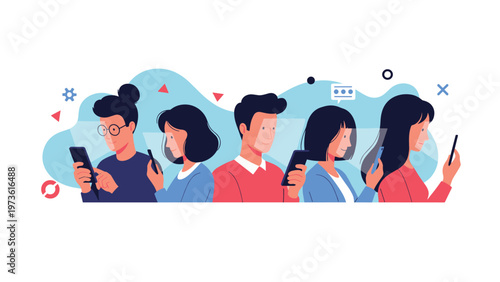 Diverse group of young people standing in a row and looking at their smartphones while using social media apps.