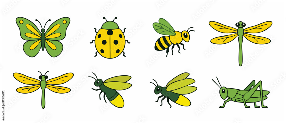 Obraz premium Cartoon Insect Bugs Collection Set with Butterfly Ladybug Bee Dragonfly Firefly Grasshopper, Cute Nature Critters for Kids Educational Design and Summer Themes Isolated on White.