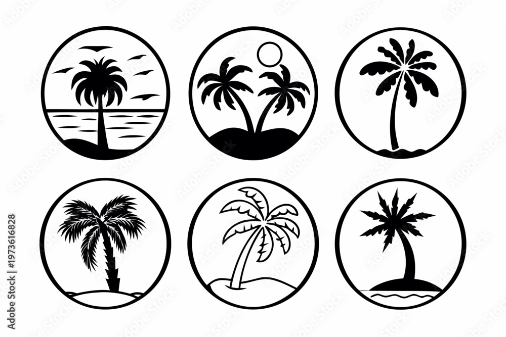 Obraz premium Tropical Palm Tree Beach Island Vector Icons Set.