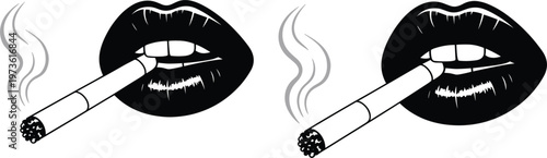 Smoking lips silhouette illustration, woman mouth holding cigarette smoke vector edgy graphic design