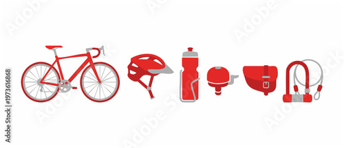Red Bicycle Cycling Accessories Set Flat Design Vector Illustration. Essential bike gear including helmet, water bottle, bell, bag, and locks for safety and sport.