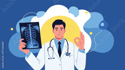 Friendly male doctor holding an X-ray film of a chest and showing an okay hand sign to represent a healthy diagnosis.